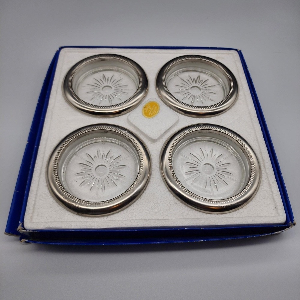 Vtg LEONARD Crystal Coasters Italy Silver-Plate Rimmed Star Cut Glass Set Of 4